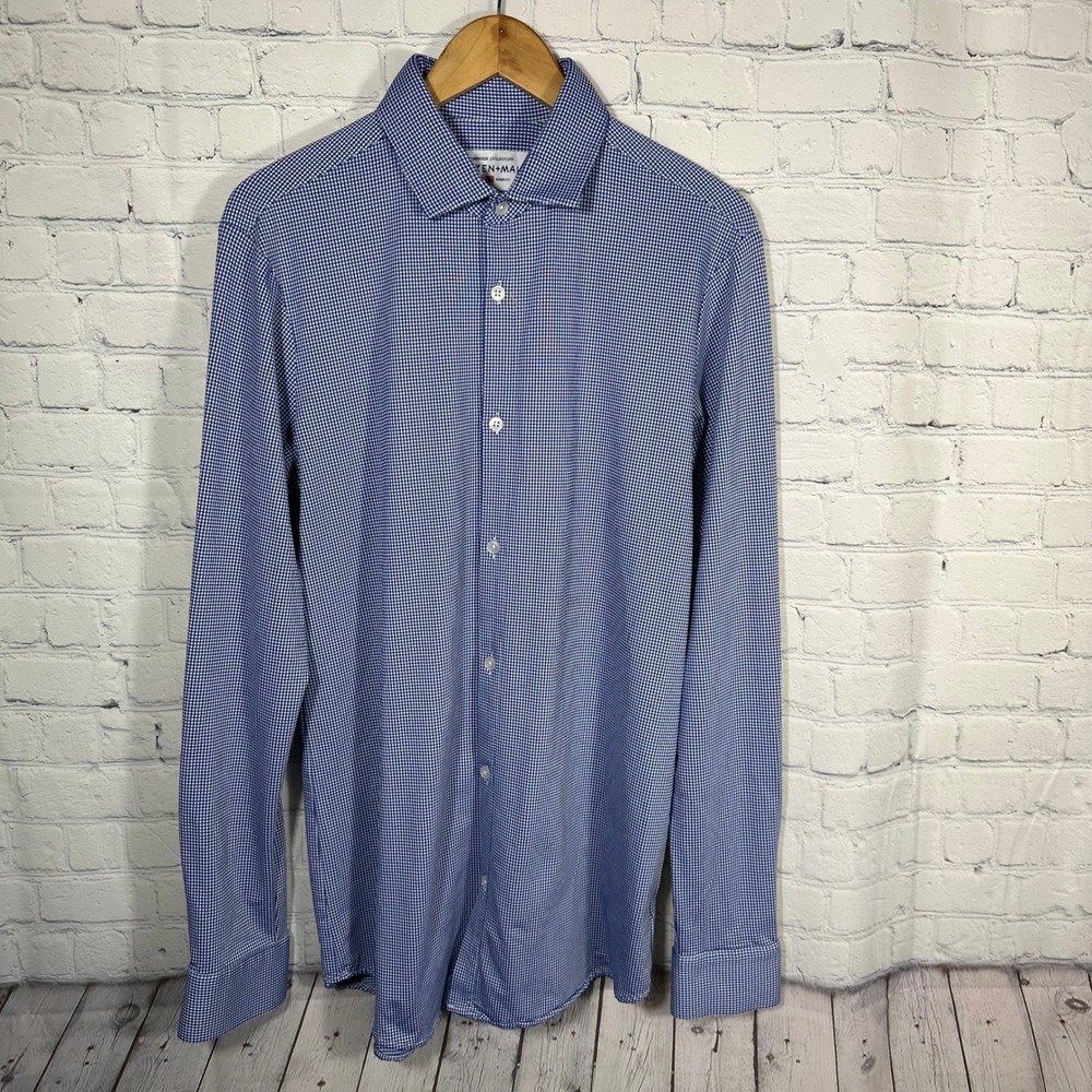 Mizzen+Main Spinnaker Blue Gingham Dress Shirt Large Tall Trim Fit 20493‎